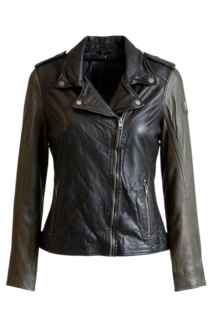 Trestles Clothing Company two-tone calf leather jacket with black body, olive sleeves, and front zip pockets.